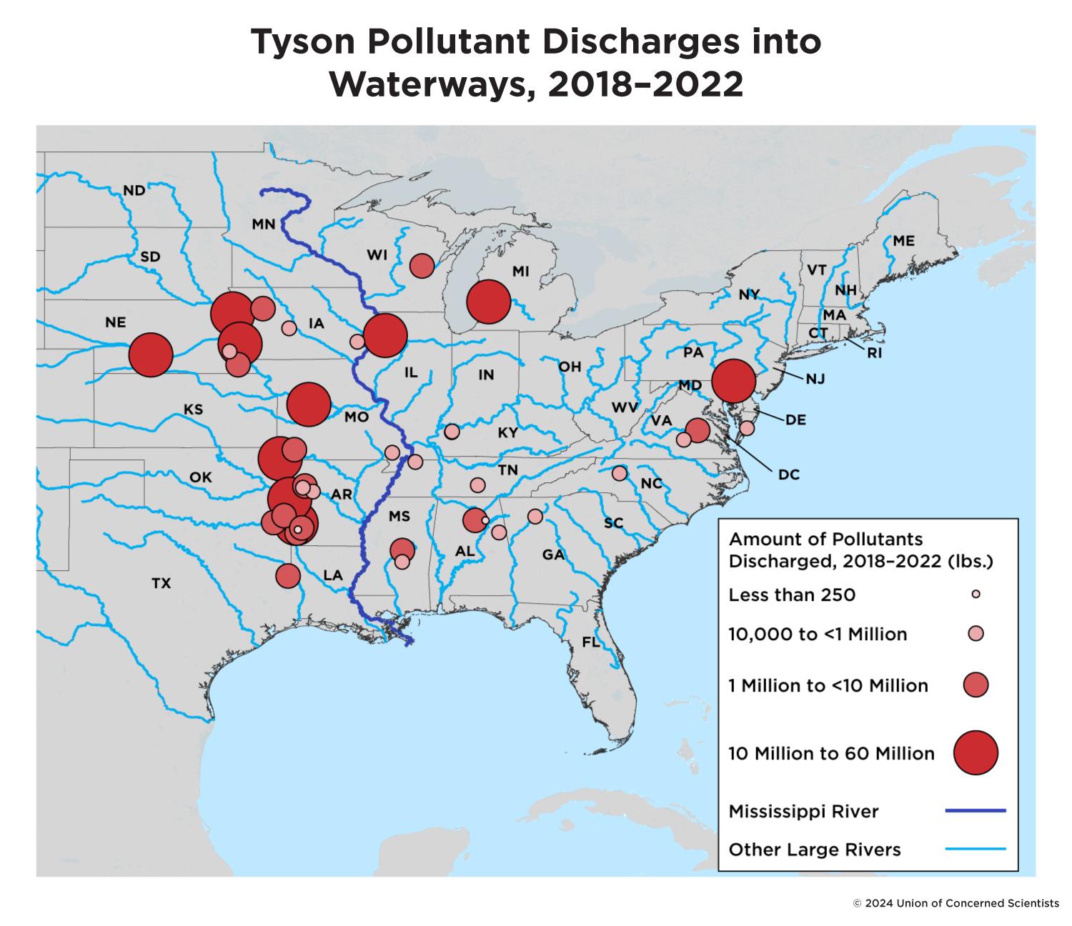 A map of the United States with circles in shades of red that represent Tyson meat processing plants, with the size of the circles based on the amount of pollutants discharged
