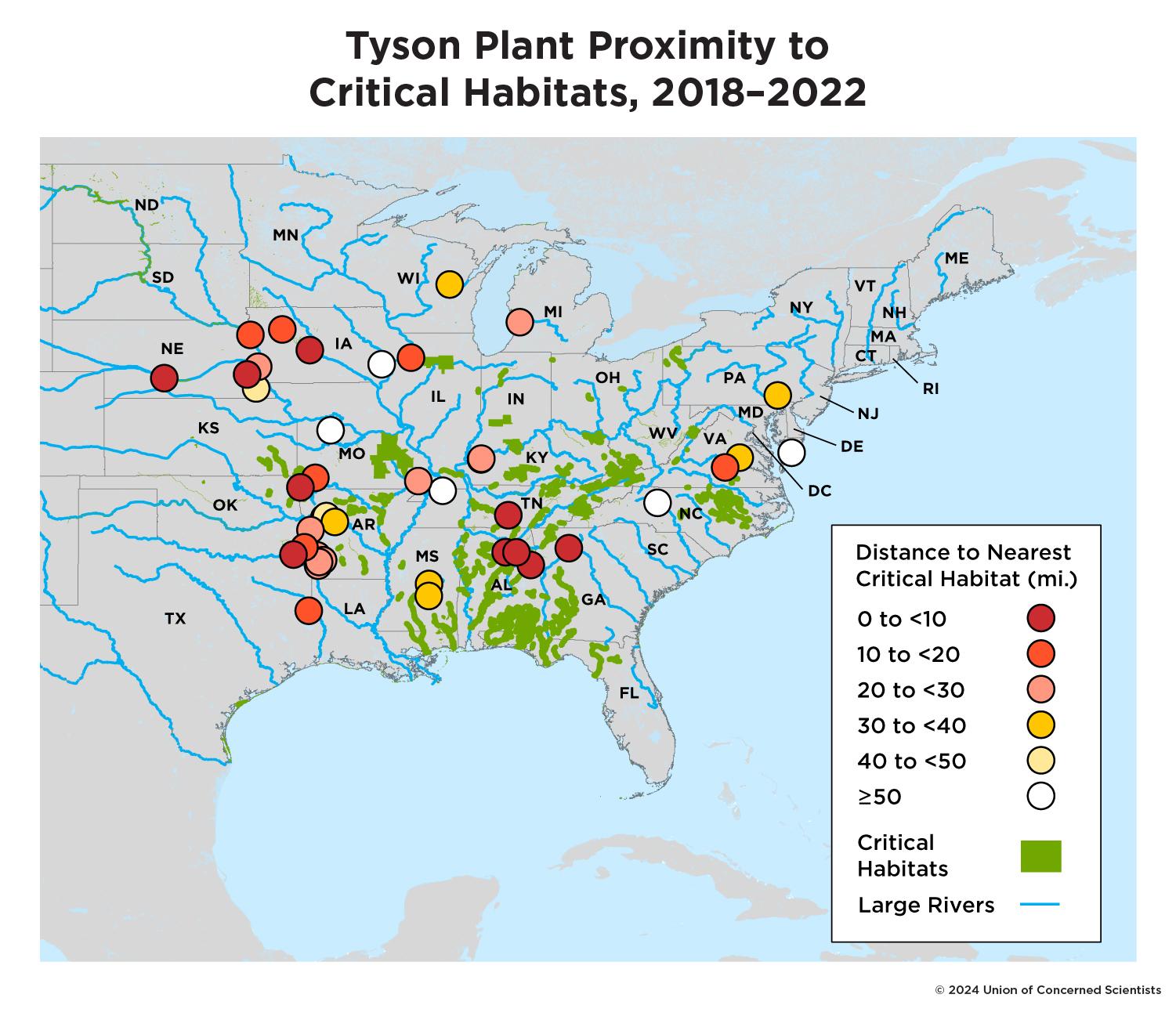 A map of the United States showing critical habitats in green and circles representing Tyson meat processing plants, with the color of each circle determined by distance to the nearest critical habitat