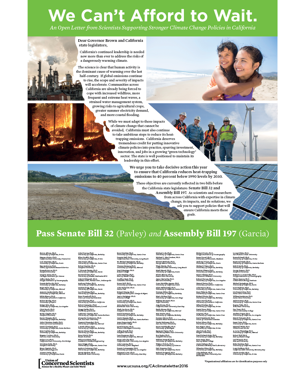 144 scientists, economists, and other scholars are urging passage of two climate change bills before the California Legislature, Senate Bill 32 (Pavley) and Assembly Bill 197 (E. Garcia).