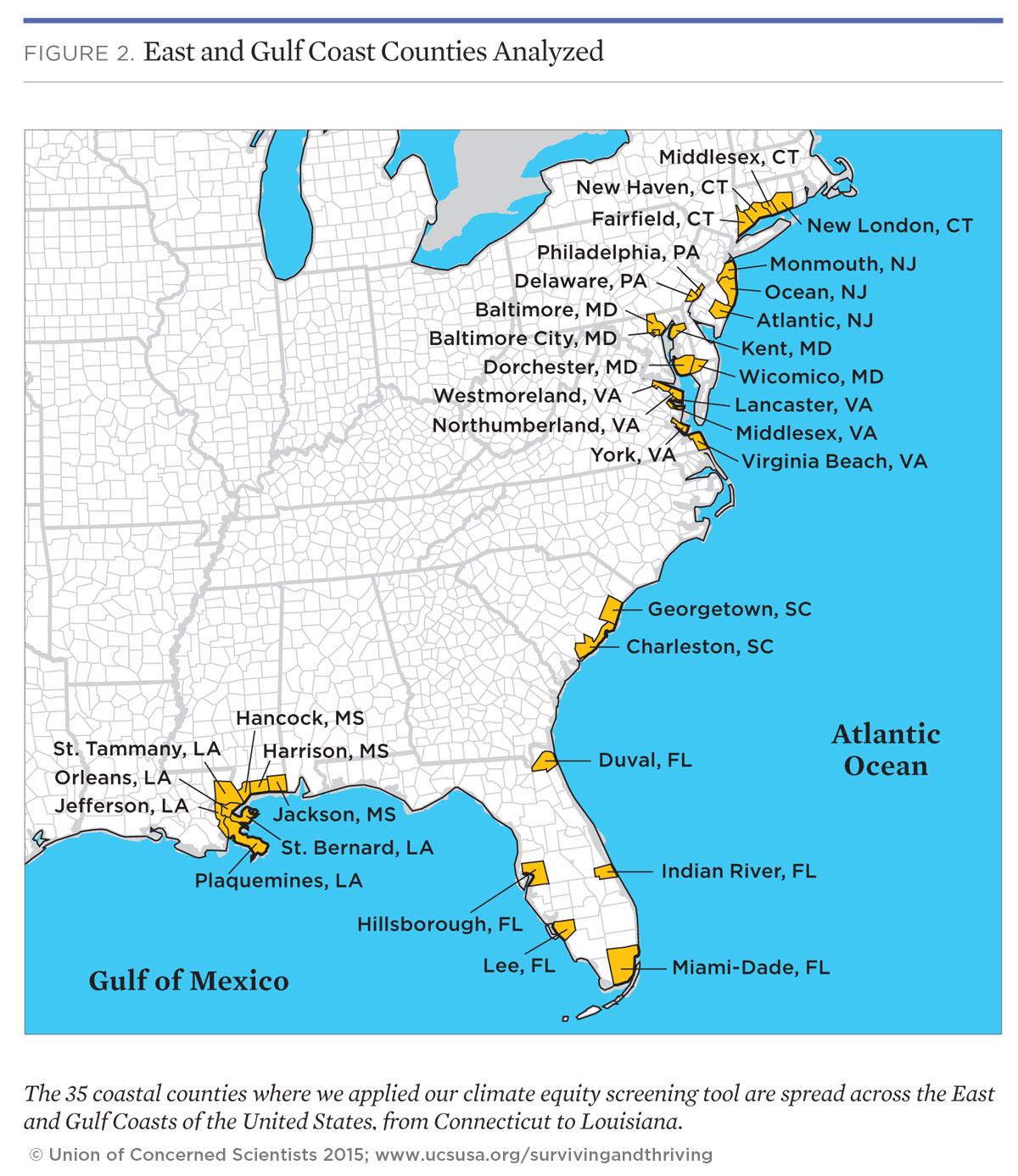 Map of equity hot spots for sea level rise impacts on the Atlantic and Gulf coasts