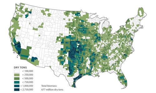 Map showing tonnage of biomass by US county