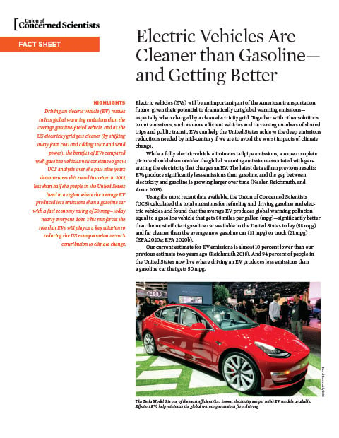 cover page of UCS electric vehicles cleaner than gasoline report