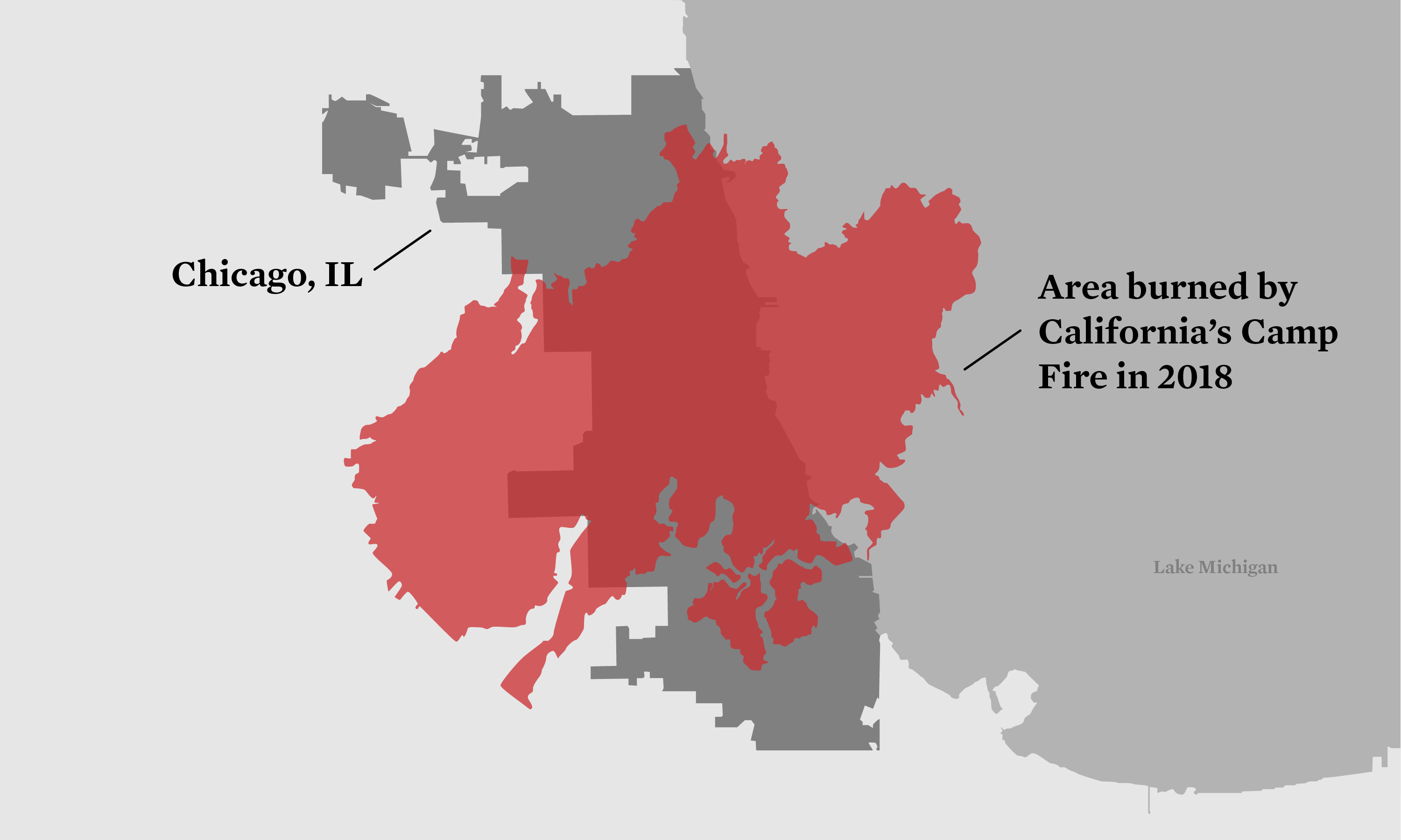 The perimeter of the Camp Fire overlayed on Chicago for scale