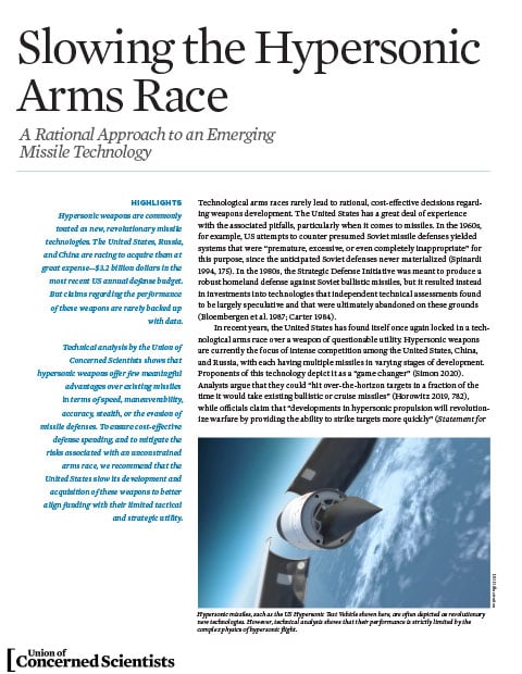 Cover page of Slowing the Hypersonic Arms Race report
