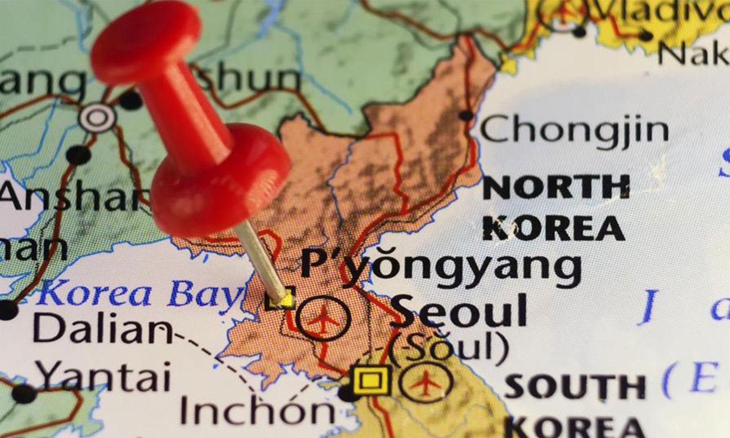 North Korea map with red push pin