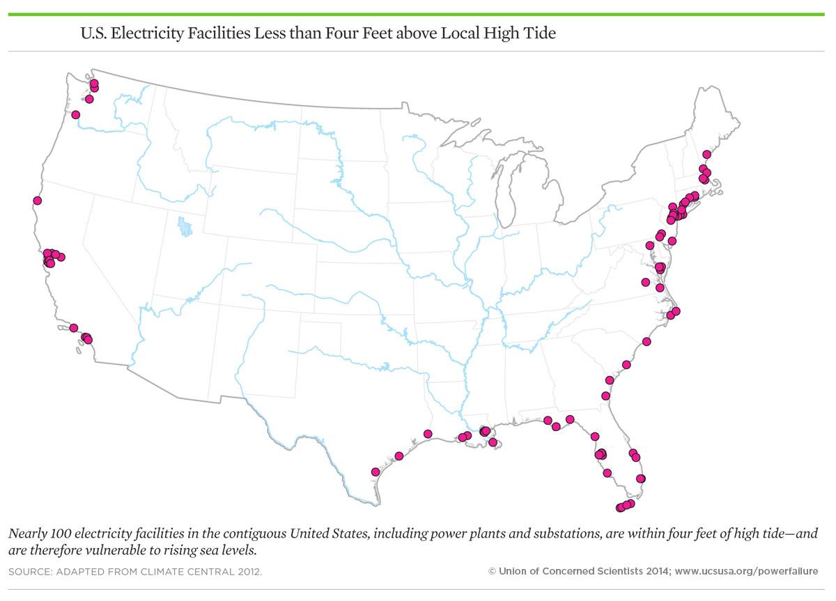Map of US electricity facilities less than four feet above local high tide