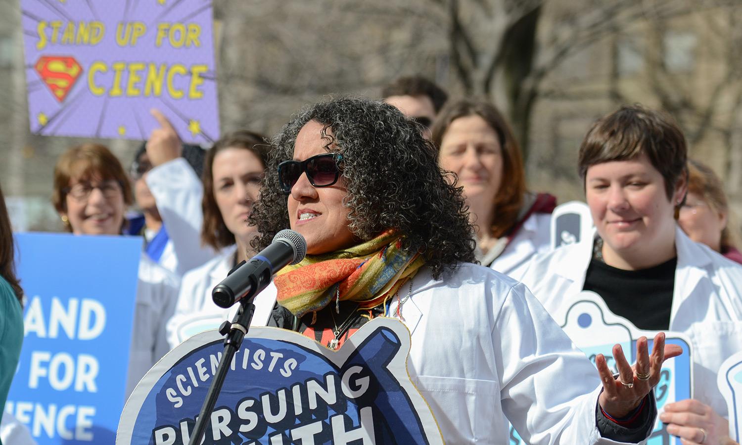 UCS scientist Astrid Caldas at a rally in 2017