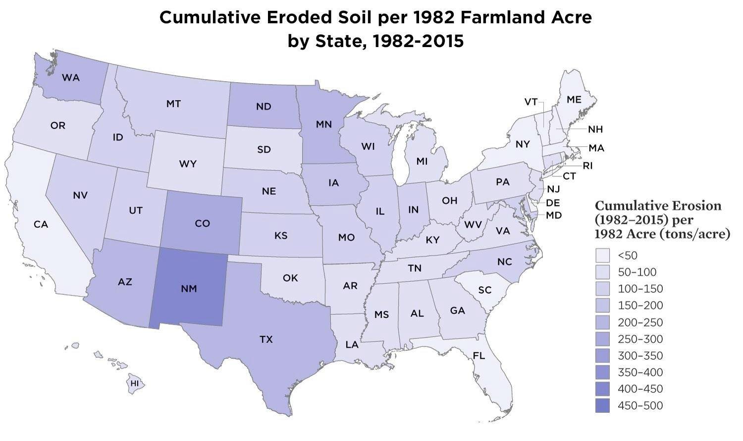 Map showing soil erosion by state from 1982 to 2015