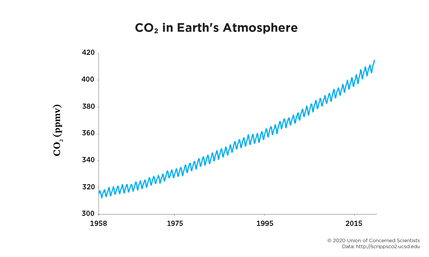 A line chart showing co2 in the last century (keeling curve).