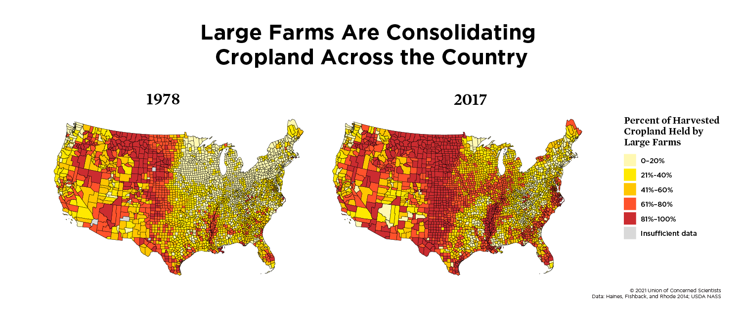 Two maps showing increase in US farmland consolidation from 1978 to 2017