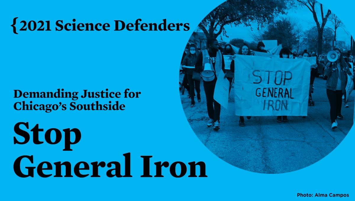 A photo of someone marching, holding a sign that says "STOP GENERAL IRON."