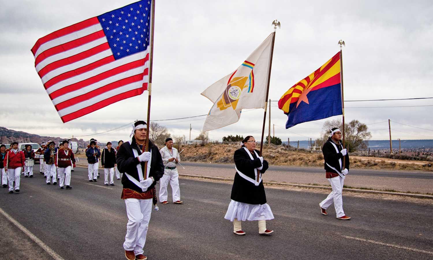 The Navajo Nation band march towards the Capital in Window Rock, AZ.