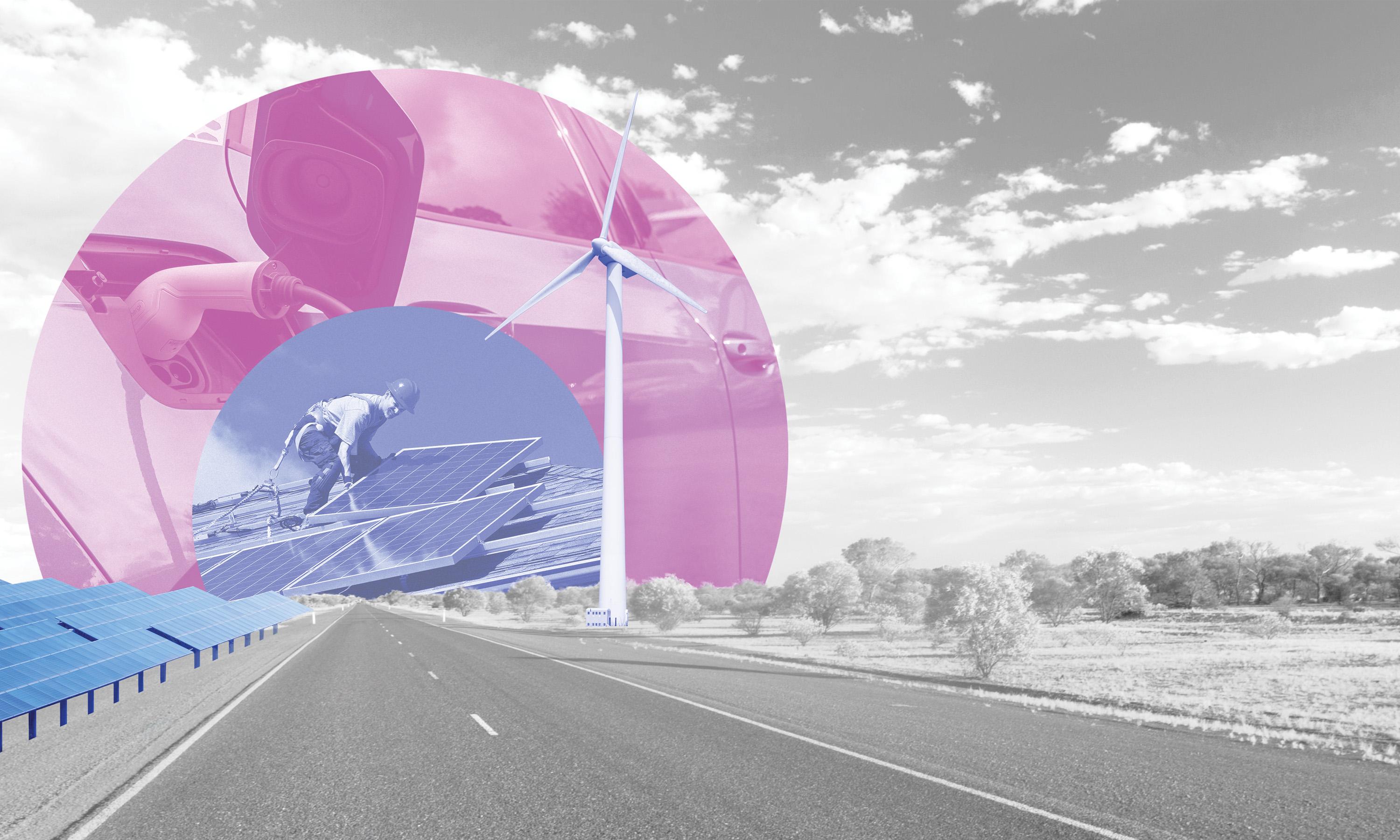 A collage showing solar panels, a wind turbine, an electric vehicle, and a road.
