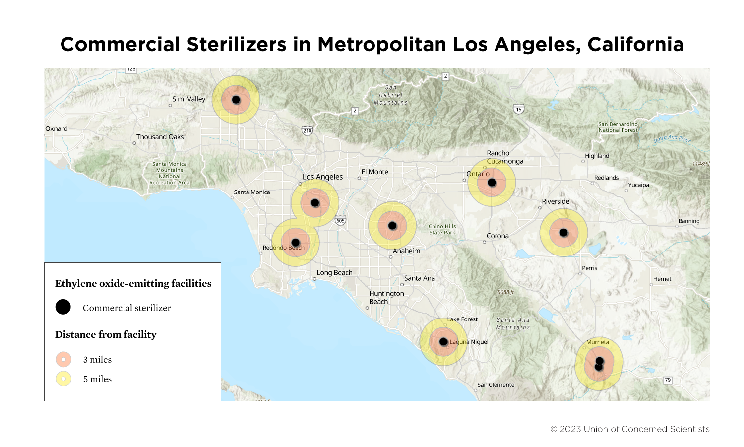A map of the locations of ethylene oxide-emitting facilities in Los Angeles, California.