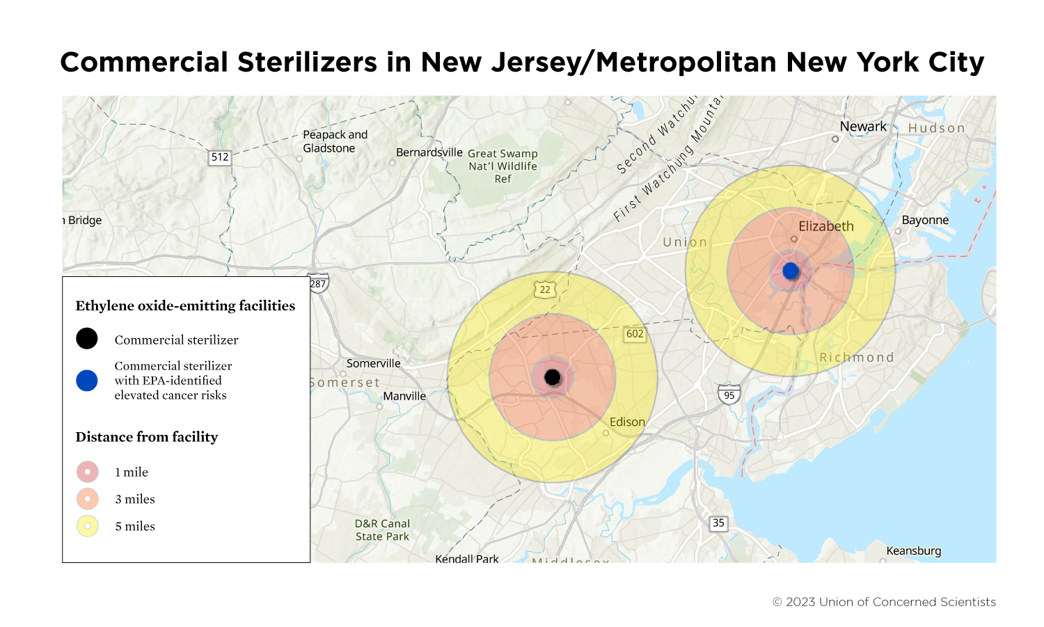 A map of ethylene oxide-emitting facilities in New Jersey/Metropolitan New York City