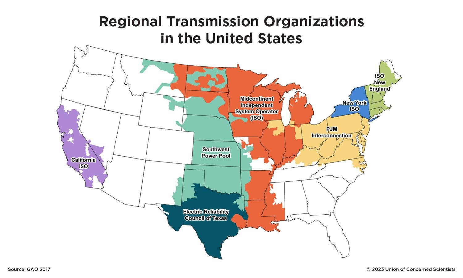 Map showing regional transmission organizations in United States