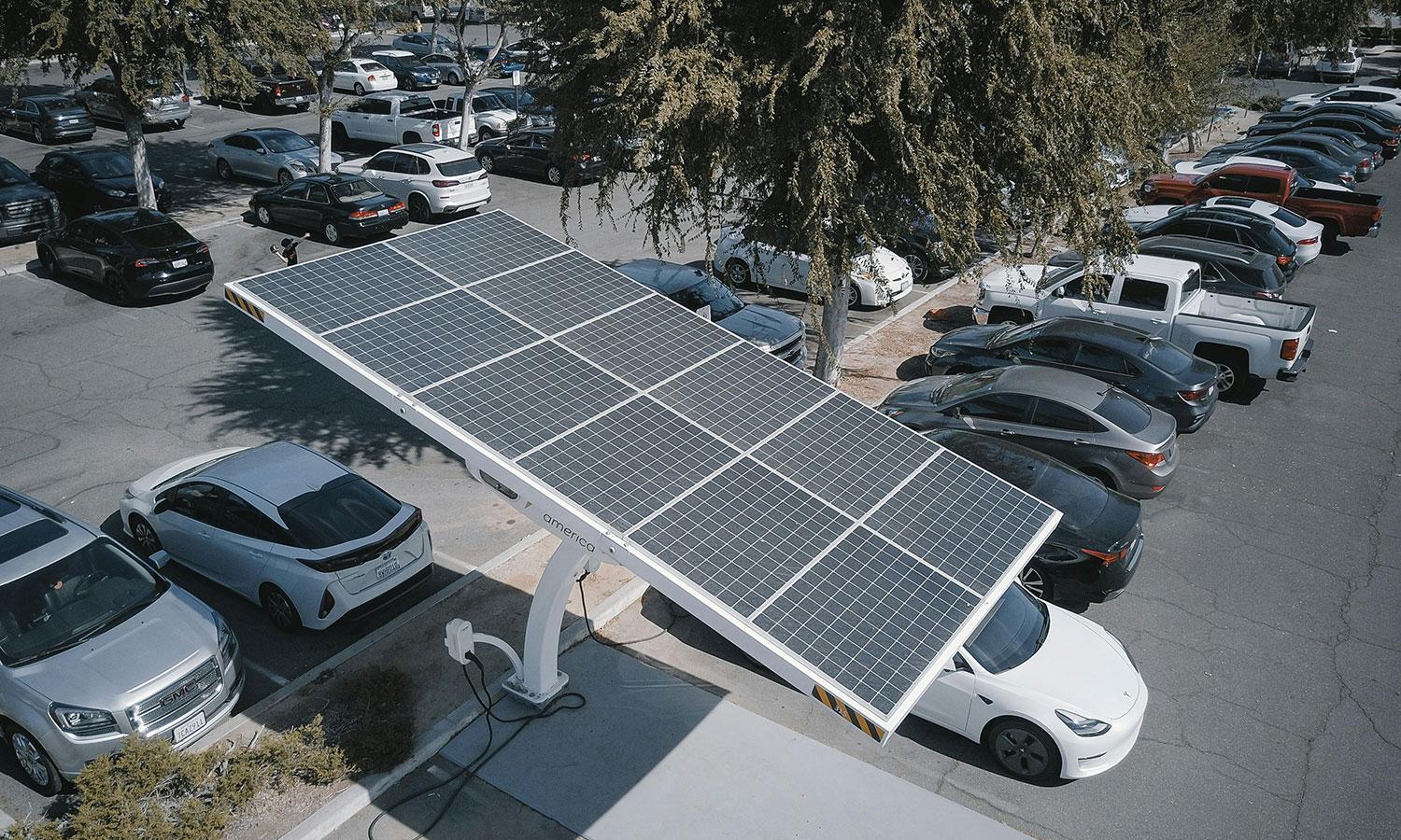 a solar charger for electric vehicles in a parking lot