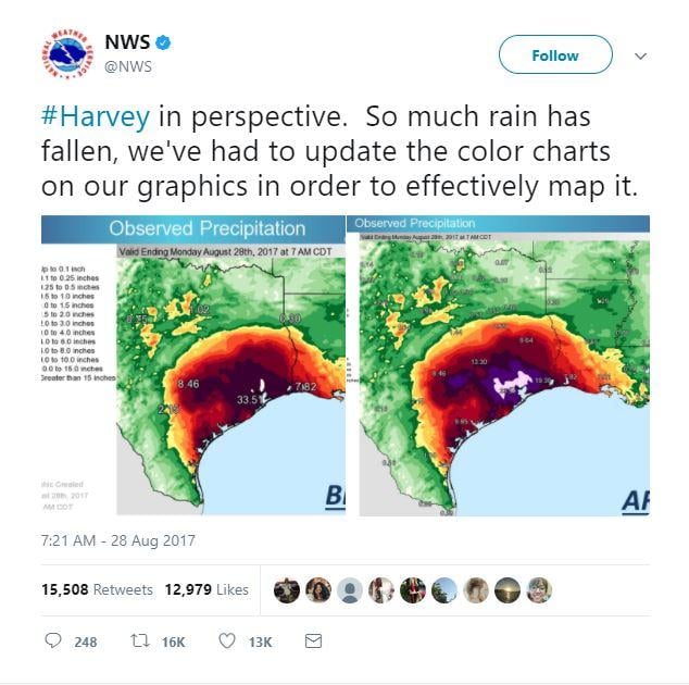 Tweet from the National Weather Service showing Hurricane Harvey rainfall maps