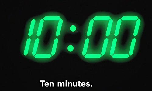 A green digital clock display frozen at 10:00 minutes