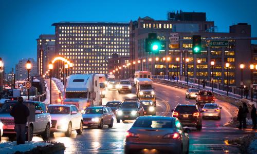 Traffic near the intersection of Atlantic Ave. in Boston, MA
