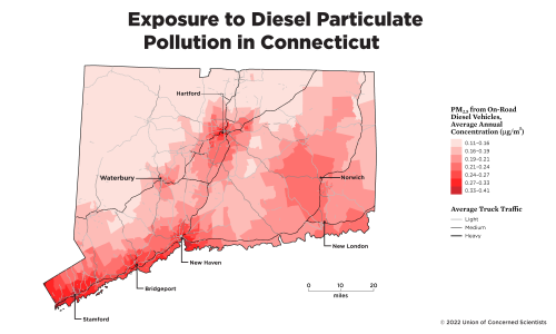 map of Connecticut showing exposure to diesel particulate pollution 