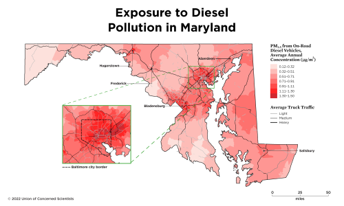 map of Maryland showing exposure to diesel particulate pollution 