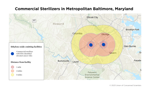 A map showing the locations of ethylene oxide-emitting facilities in Baltimore, Maryland.