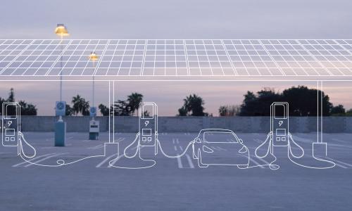 A parking lot with an illustration of a solar panel and electric car chargers drawn over it.